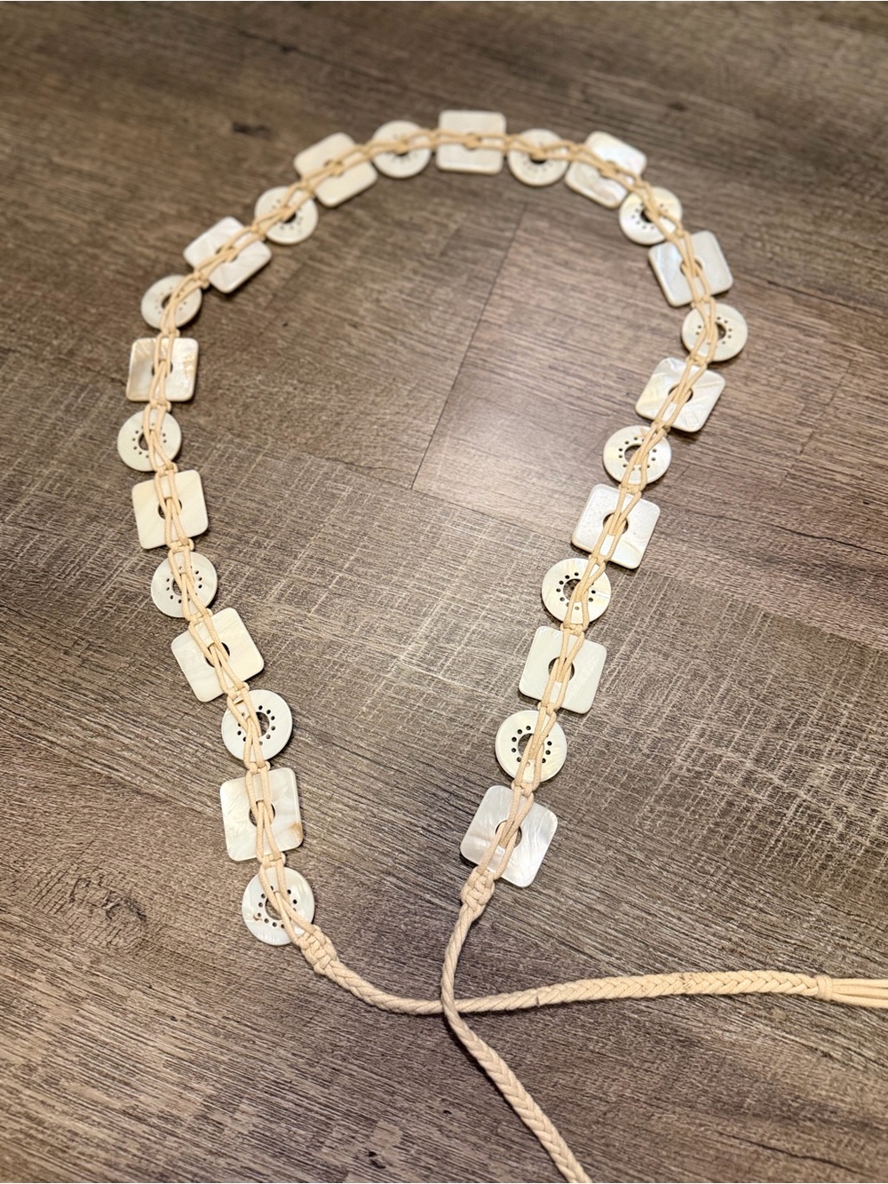 Boho Y2K Mother of Pearl Shell Disc Square Tie Belt Cream